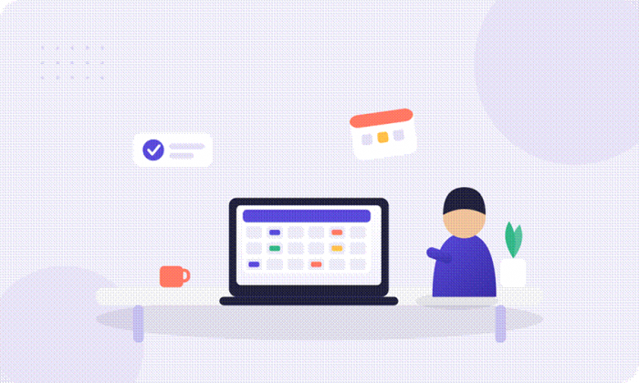 Title: Illustration of a person at a desk planning social posts on a laptop calendar. - Description: Illustration of a person at a desk planning social posts on a laptop calendar.
