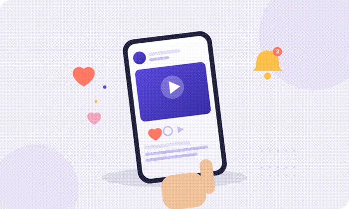 Title: Illustration of a hand holding a phone showing a social media feed. - Description: Illustration of a hand holding a phone showing a social media feed.