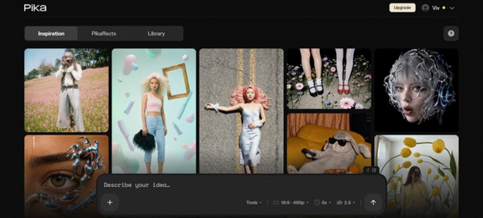 Title: Pika inspiration dashboard with a grid of stylized AI video thumbnails - Description: Pika inspiration dashboard with a grid of stylized AI video thumbnails