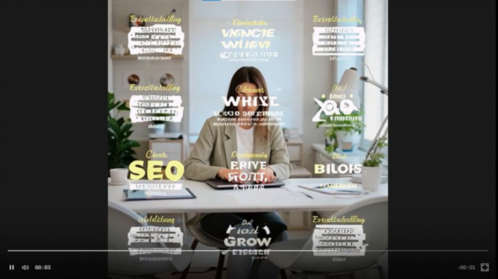 Title: A frame from the generated video showing garbled text around a person at a desk - Description: A frame from the generated video showing garbled text around a person at a desk